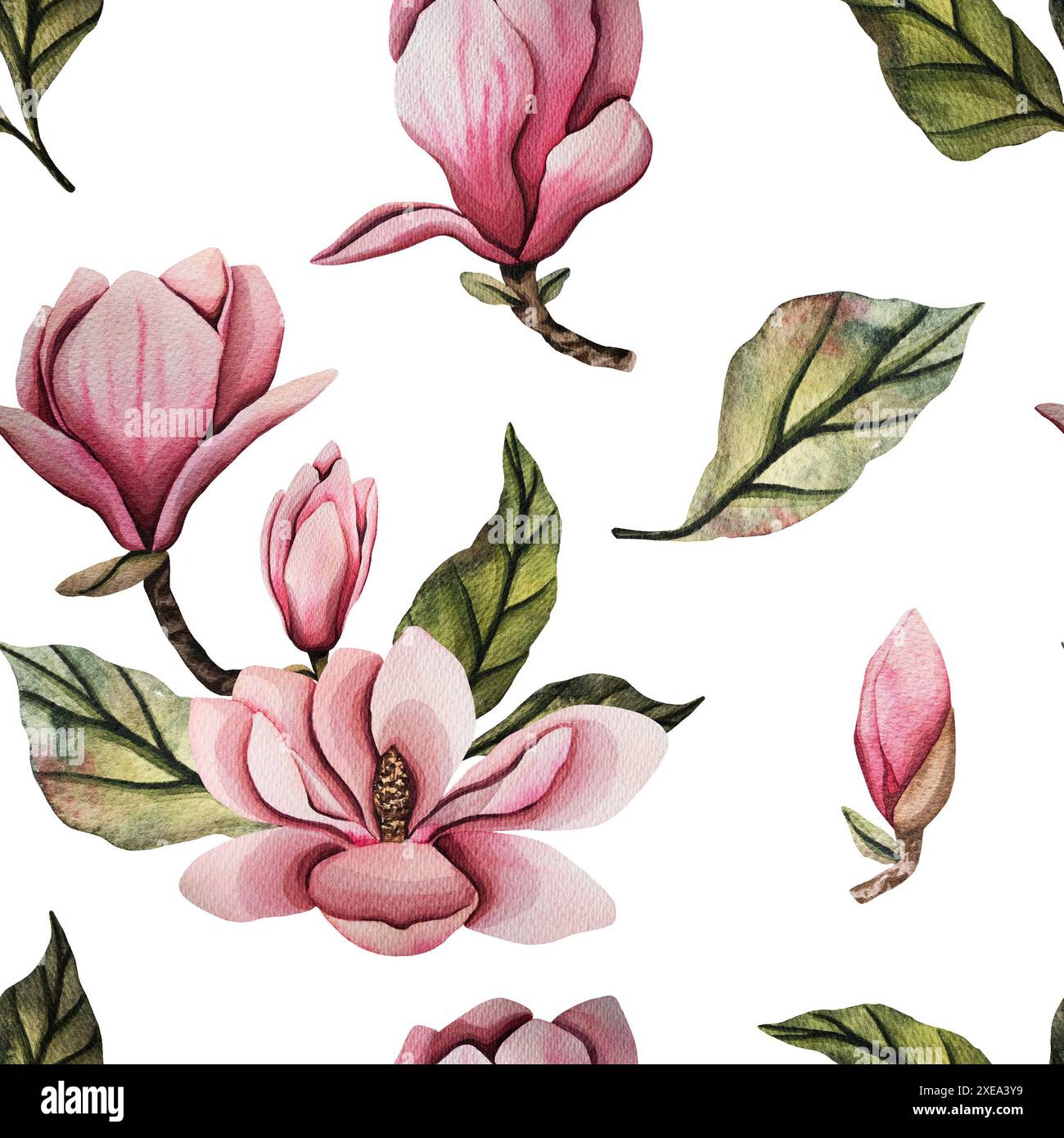 Nahtloses Muster mit Magnolienblüte. Handgezeichnete Aquarellillustration mit rosa Magnolienblüten und grünen Blättern. Illustration für Hochzeit Stockfoto