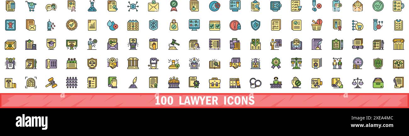 100 Symbole für Rechtsanwälte gesetzt. Farblinie Satz von Anwaltsvektorsymbolen dünne Linie Farbe flach auf weiß Stock Vektor