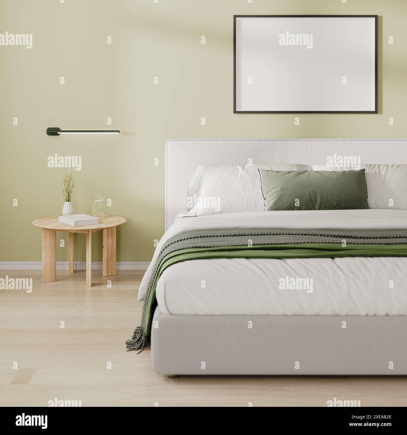 Horizontaler Rahmen über dem Bett im Schlafzimmer in hellgrünem Ton, 3D-Rendering Stockfoto