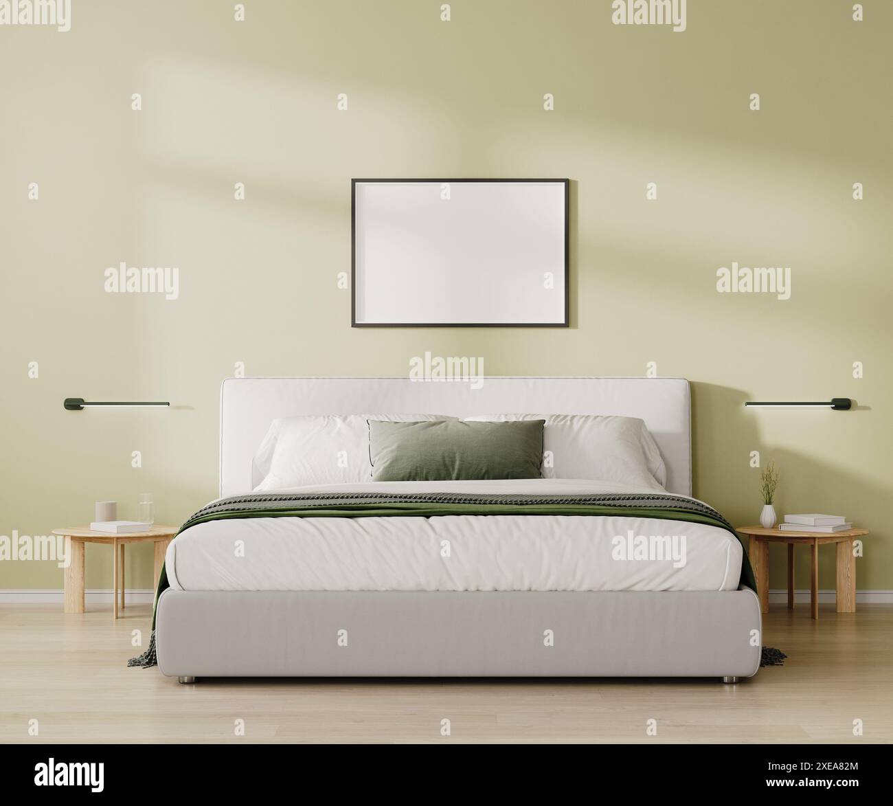 Horizontaler Rahmen über dem Bett im Schlafzimmer in hellgrünem Ton, 3D-Rendering Stockfoto