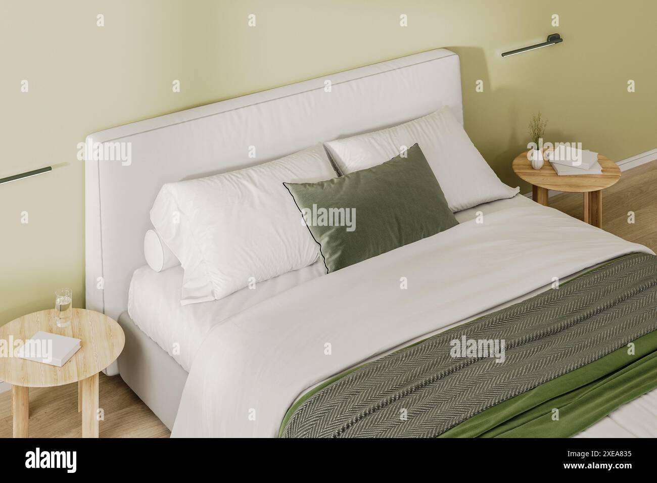 Kingsize-Bett in unmittelbarer Nähe mit Nachttischen mit Dekor, 3D-Rendering Stockfoto