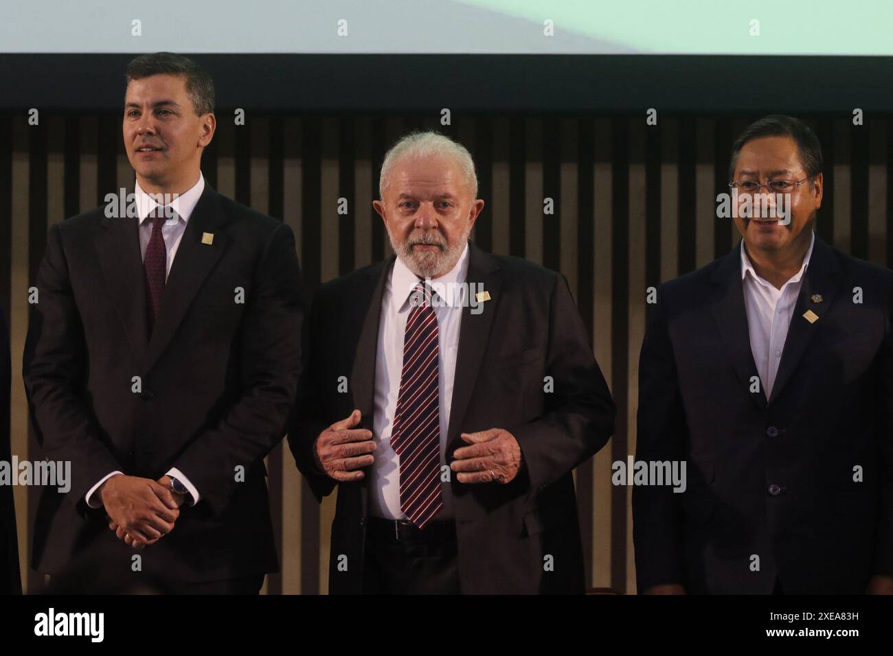 Die Präsidenten Lula da Silva, Santiago Peña und Luis Arce aus Brasilien, Paraguay und Bolivien auf dem Mercosul-Gipfel in Rio de Janeiro, Brasilien 12.07.2023 Stockfoto