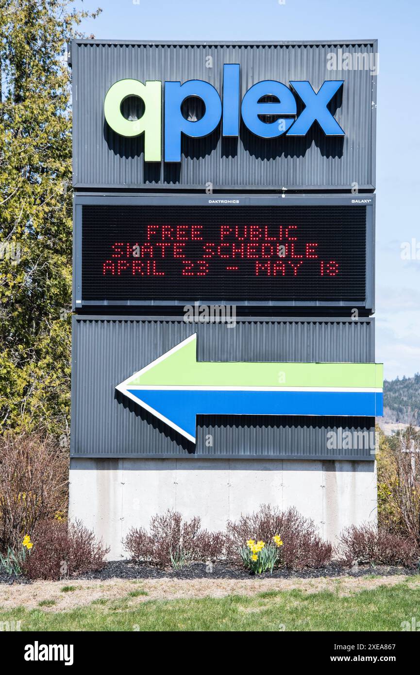 Das QPlex Recreation Centre zeigt die bevorstehenden Veranstaltungen im Sherwood Park in Quispamsis, New Brunswick, Kanada Stockfoto