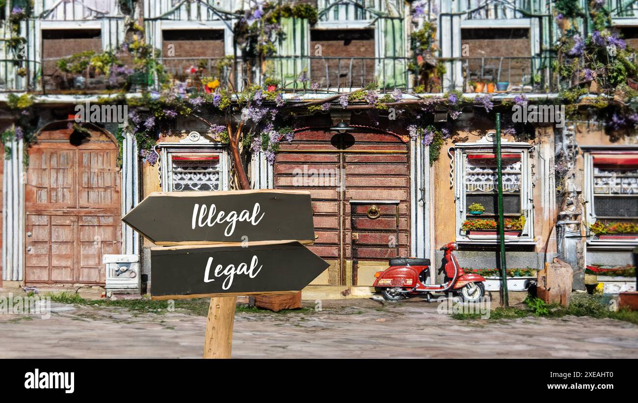 Wegweiser der direkte Weg zu legal versus illegal - Bildmontage Stockfoto