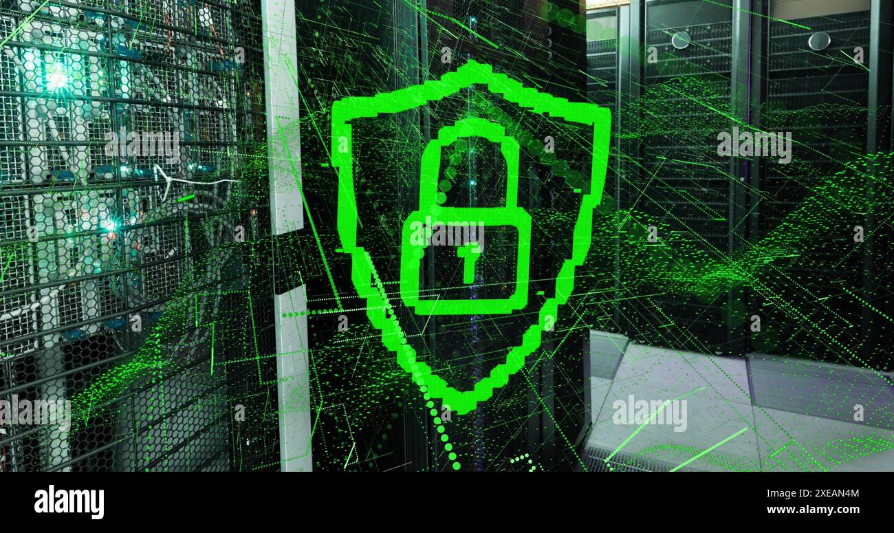 Abbildung des Vorhängeschlosses in Schild mit dynamischer Punktwelle über Datenserversystemen Stockfoto