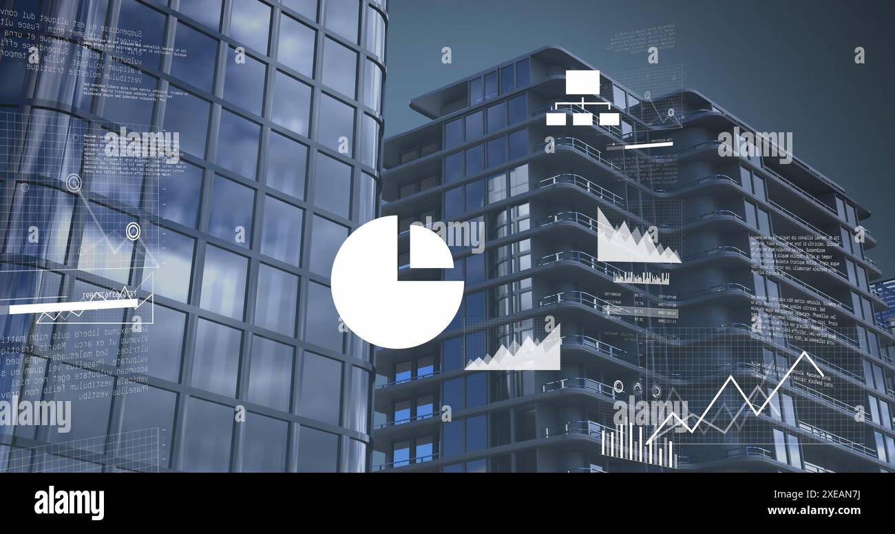 Abbildung von Diagrammen, mehreren Symbolen und Karte über modernen Gebäuden am Himmel Stockfoto