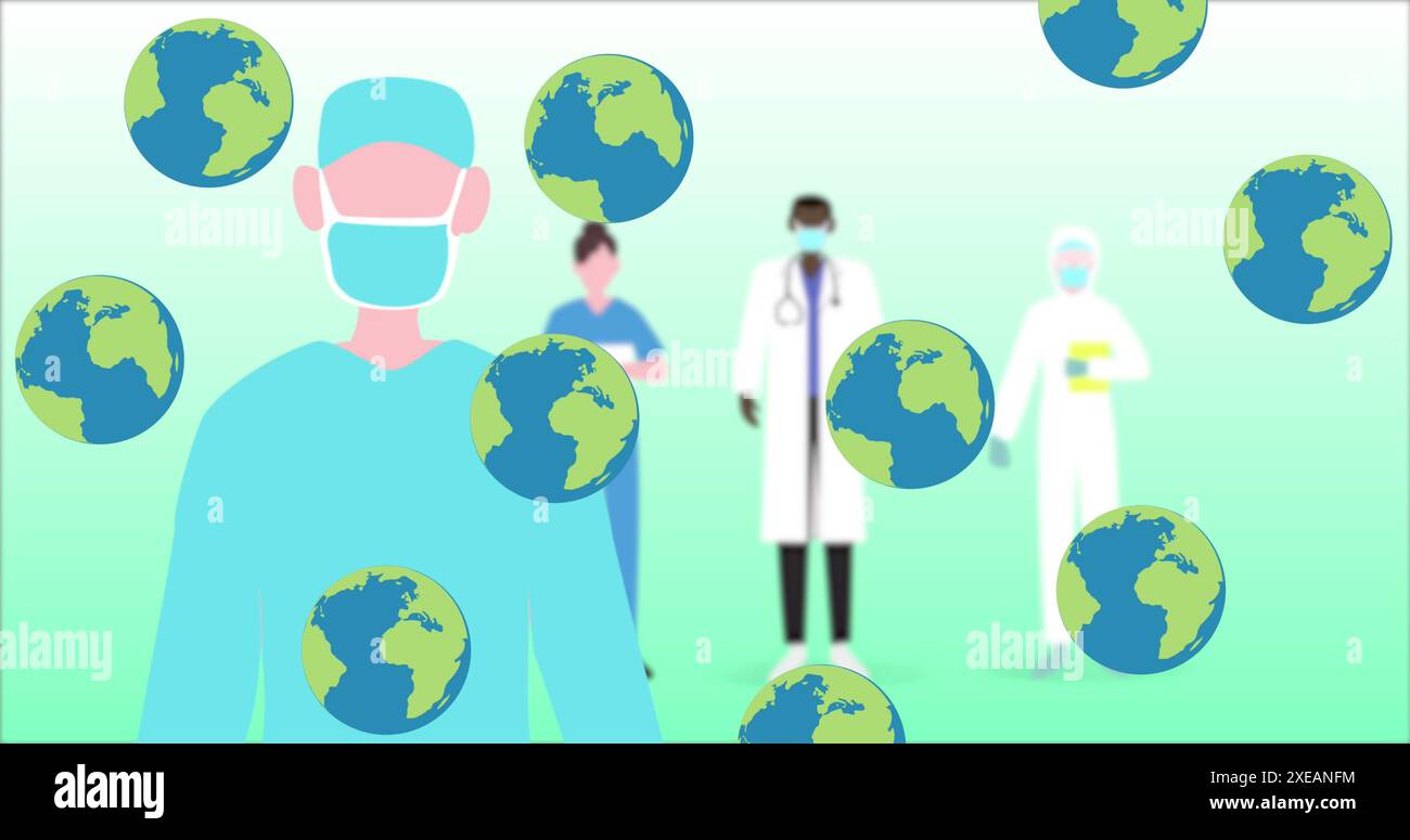 Bild von Symbolen aus dem fallenden Globus über dem Krankenhauspersonal Stockfoto