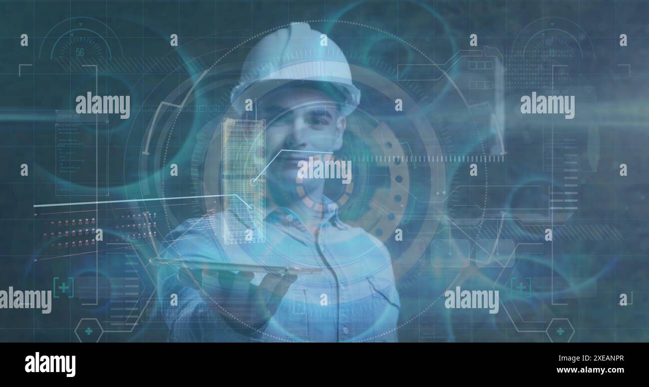 Bild der Datenverarbeitung über kaukasische männliche Arbeiter Stockfoto