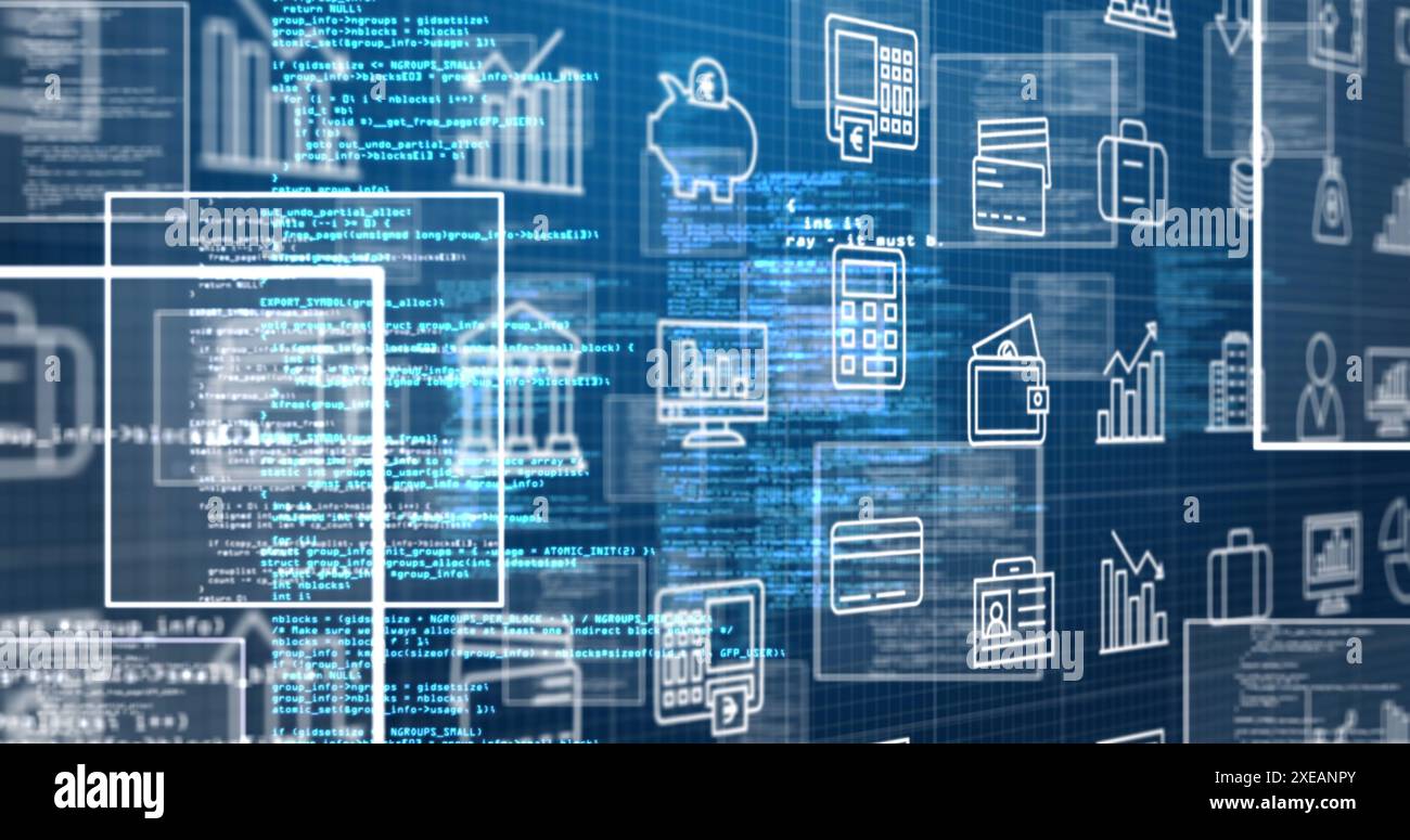 Bild der Datenverarbeitung und Symbole auf blauem Hintergrund Stockfoto