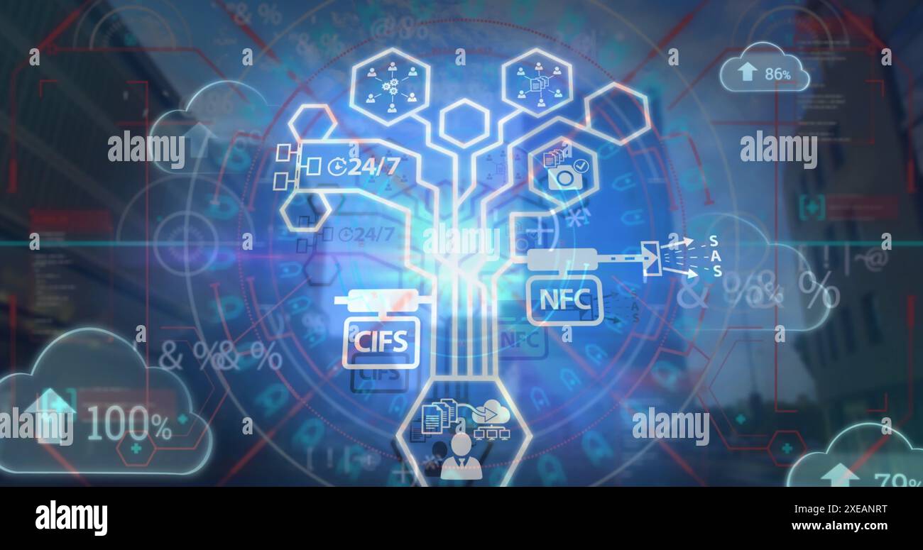 Bild der Datenverarbeitung mit Symbolen über hohen Gebäuden Stockfoto