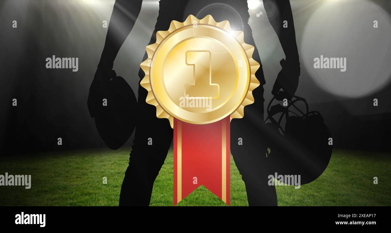 Bild der Goldmedaille über der Silhouette eines männlichen Baseballspielers Stockfoto