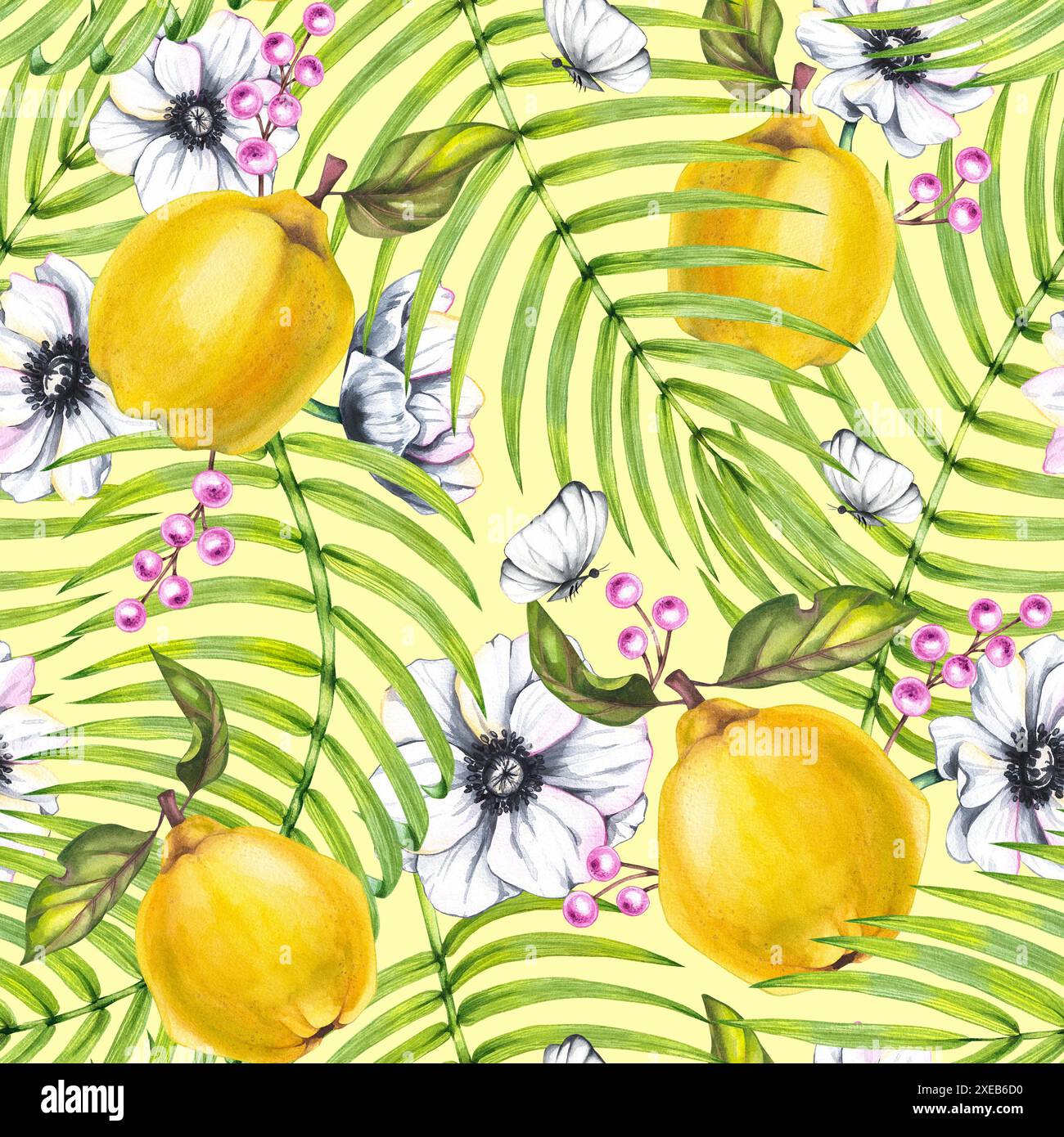 Aquarellmuster mit Quitte, Anemonenblüten, tropischen Blättern und gelbem Hintergrund. Handgezeichnetes nahtloses Muster. Botanisches Muster für Textilien, fa Stockfoto
