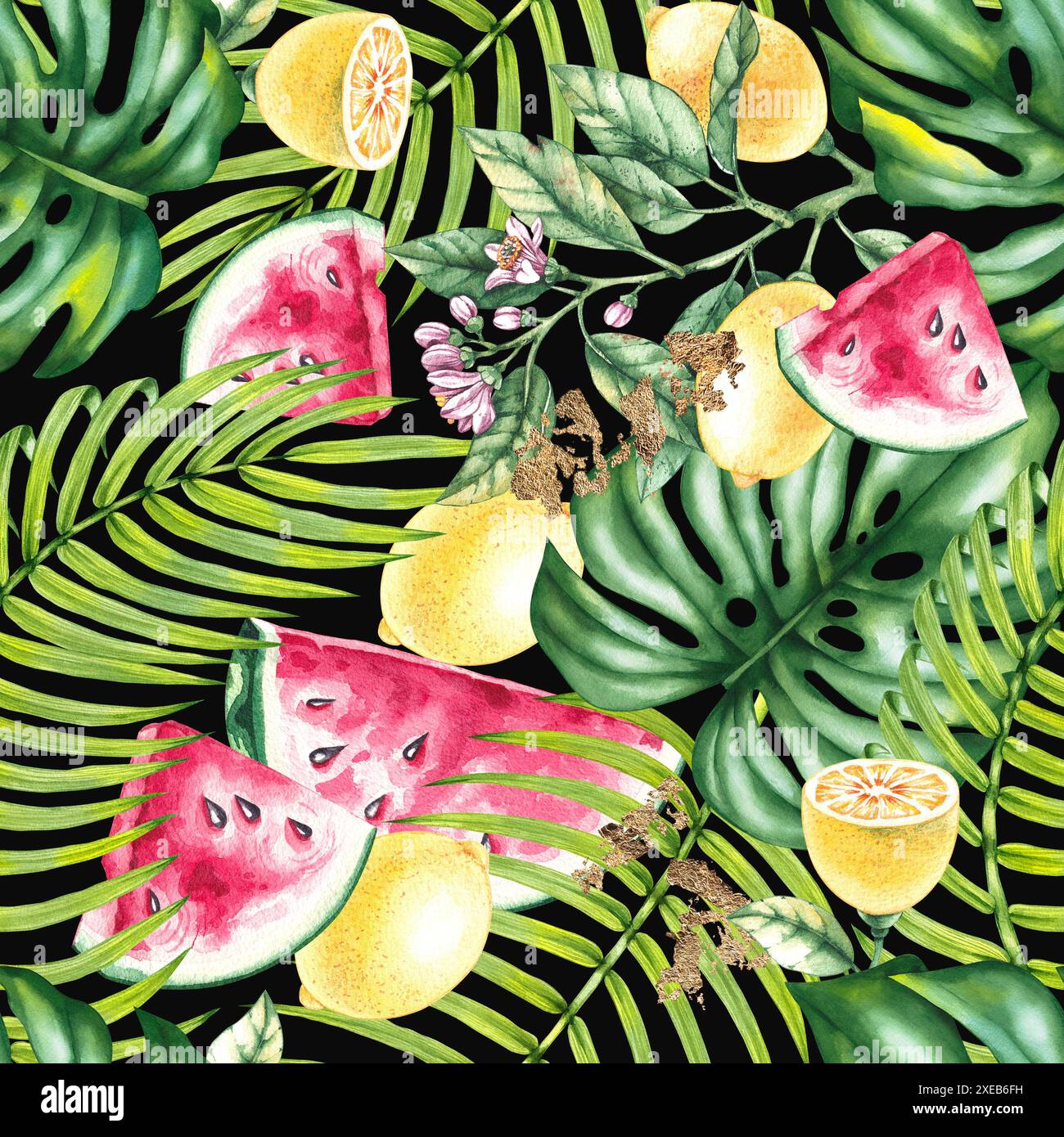Tropisches Muster mit Wassermelone, Zitrone, tropischen Blättern und Gold auf dunklem Hintergrund. Handgezeichnetes nahtloses Muster. Botanisches Muster für te Stockfoto