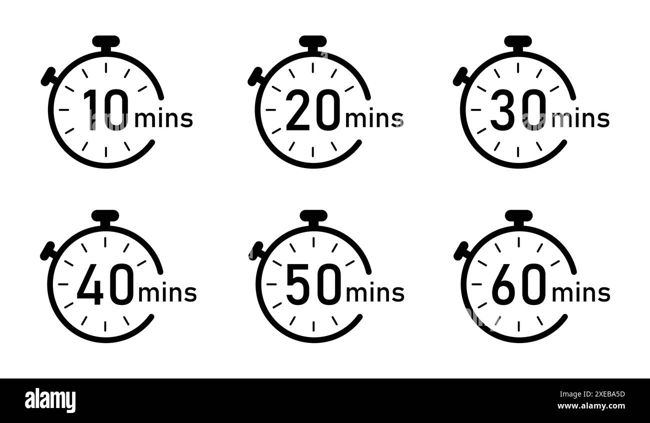Timer, Uhr, Stoppuhr isoliertes Vektorsymbol. Timer-Symbolsatz, Timer von 10 bis 60 Minuten, Vektorgrafik. 10, 20, 30, 40, 50, 60 Min. Stock Vektor
