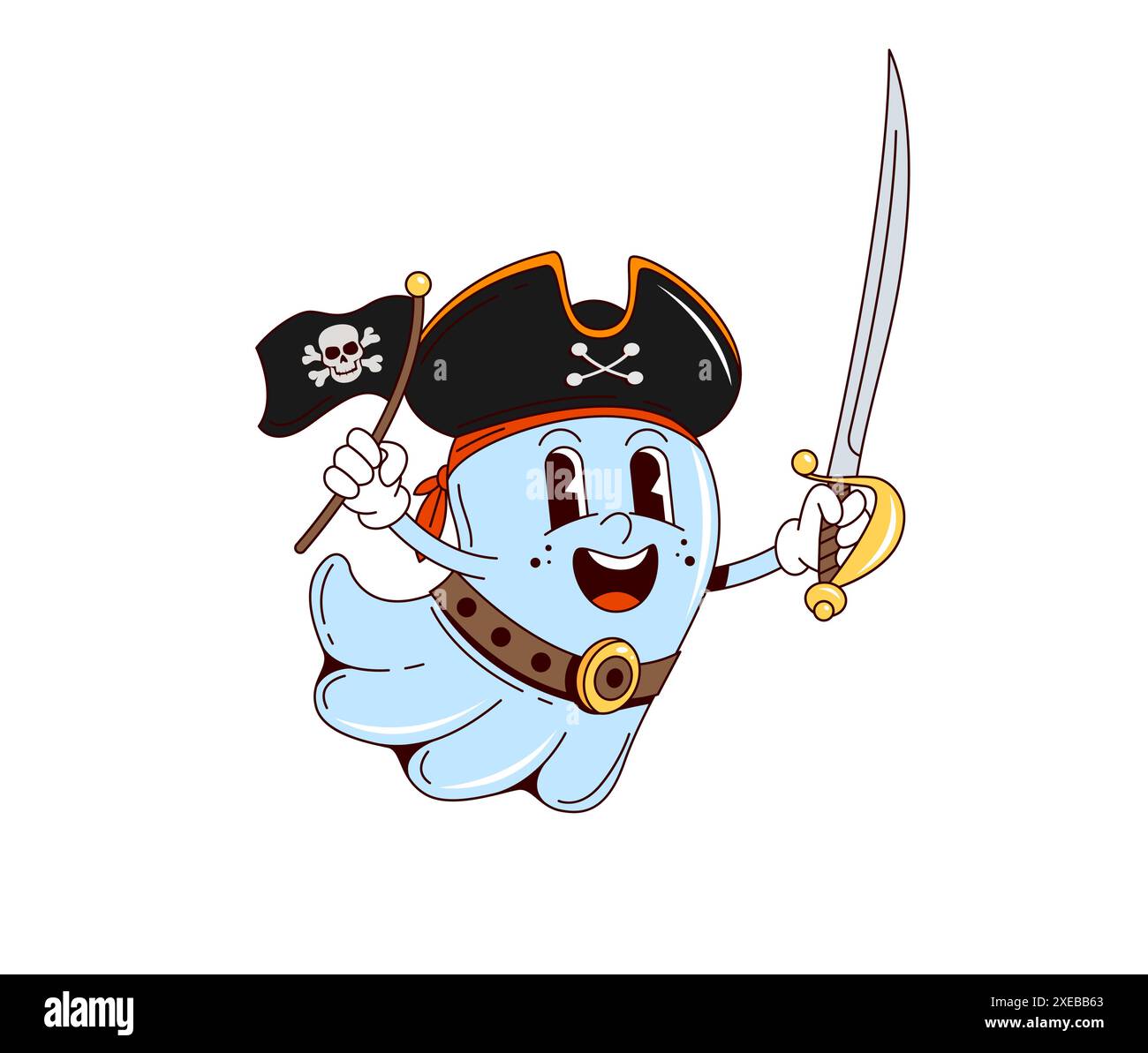 Cartoon-groovige Halloween-Geisterfigur mit Piratenhut und schwarzer Flagge mit Säbel. Isolierte Vektor lustige Spoook Korsair Persönlichkeit bereit für Meer Abenteuer und Trick or Treat Party Nacht Stock Vektor