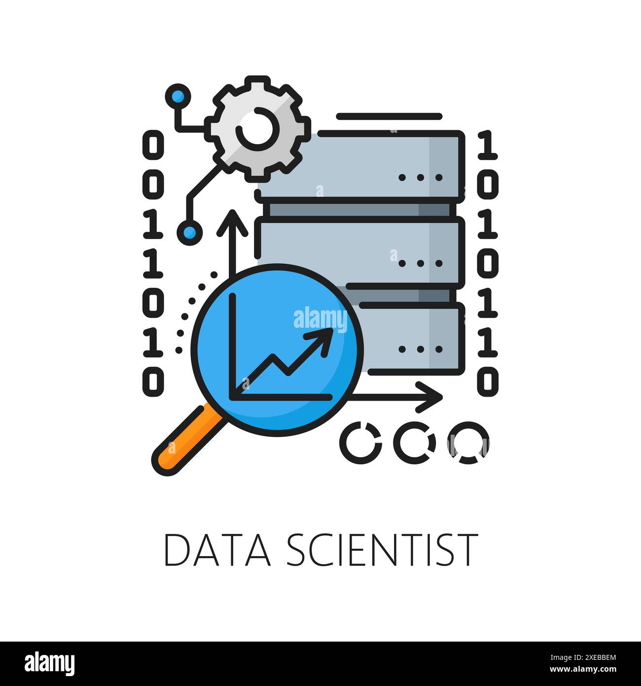 Stelle als Data Scientist, Job als IT-Spezialist, Farbsymbol für die Karrierelinie bei der Webentwicklung. Data Science, Website-Programmierung, Web-Entwicklung Konturvektorsymbol mit Lupe, Binärcode und Speicher Stock Vektor