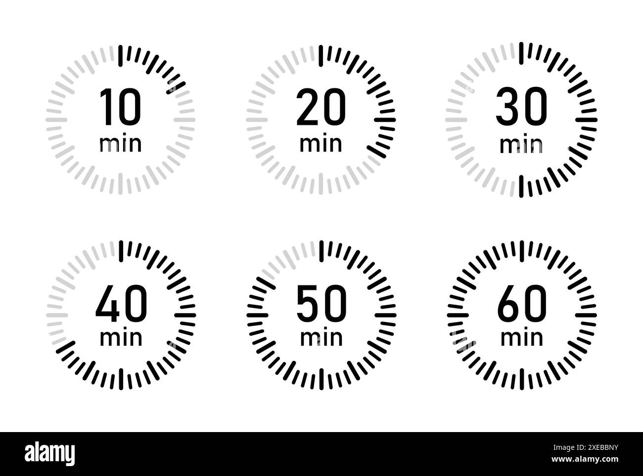 Zwischen 10 Minuten und 60 Minuten auf dem Stoppuhr-Vektor-Symbol in flacher Form. Countdown-Zeichen für Geschäftskonzept. 10, 20, 30, 40, 50, 60 Min., Zeitschaltuhr. Stock Vektor