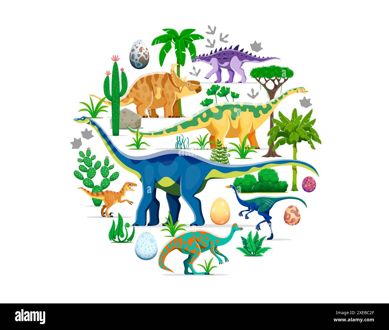 Prähistorisches Dinosaurier-Banner mit Comic-Vektor-Dino-Charakteren in runder, isolierter Form inmitten einer üppigen Landschaft aus der jurassischen Zeit mit Palmen, Farnen, Eiern, Fußabdrücken, Kakteen-Pflanzen und vulkanischen Felsen Stock Vektor