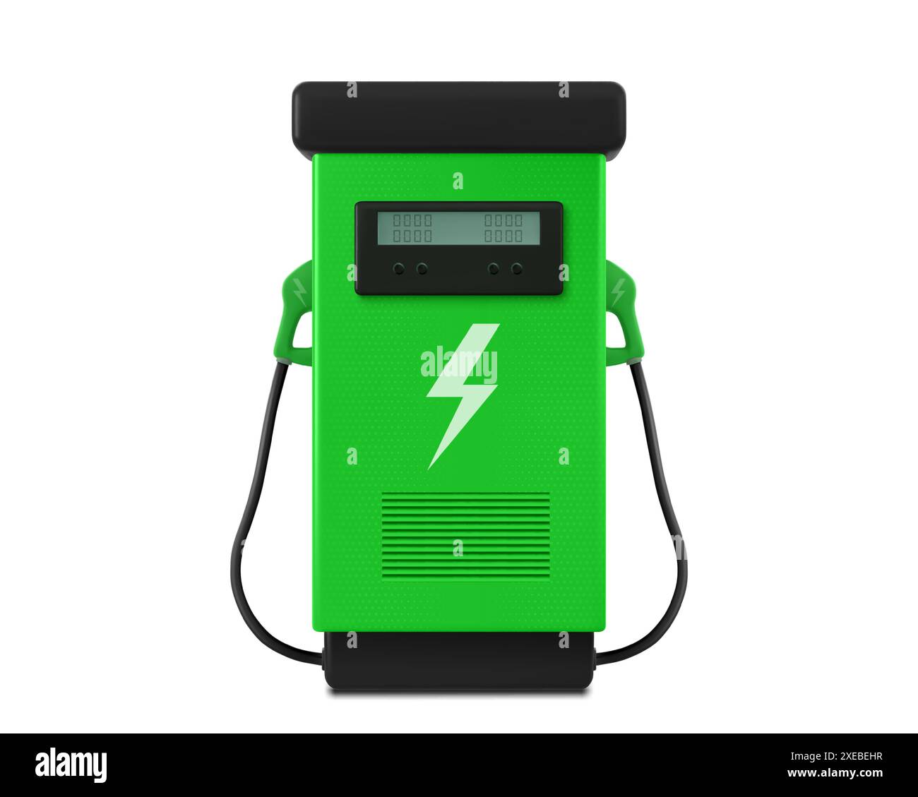 Grüne Tankstelle mit Rohr und Griff, Blitzsymbol für EV-Fahrzeugladung. Realistische 3D-Vektor-Illustration von Elektroauto-Ladestationen. Erneuerbare Öko-Elektrokraftstofftechnologie. Stock Vektor