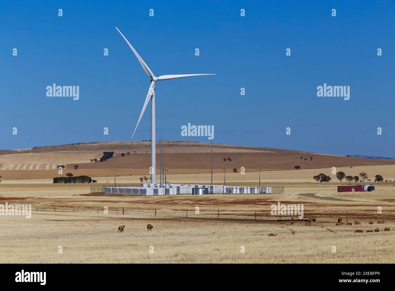 Hornsdale Power Reserve, Heimat des ersten Tesla Big Battery Storage (BESS) der Welt, als es zum ersten Mal installiert wurde, neben einem großen Windpark Stockfoto