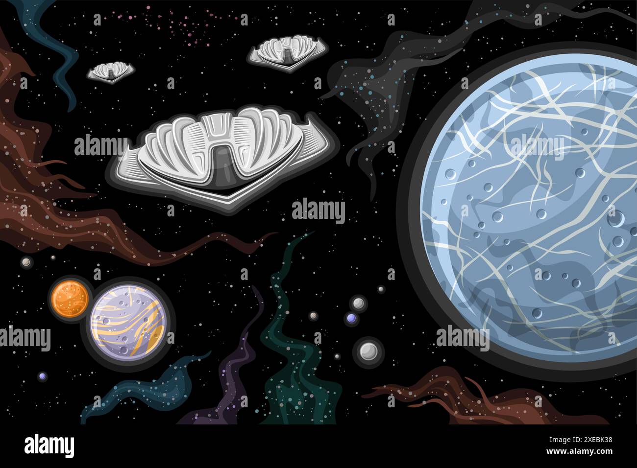 Vektorkarte mit Alien-Raumschiff Armada, astronomisches horizontales Poster mit Zeichentrickdesign graue seltsame Raumschiffe, fliegen im tiefen Raum, Alien Resea Stock Vektor