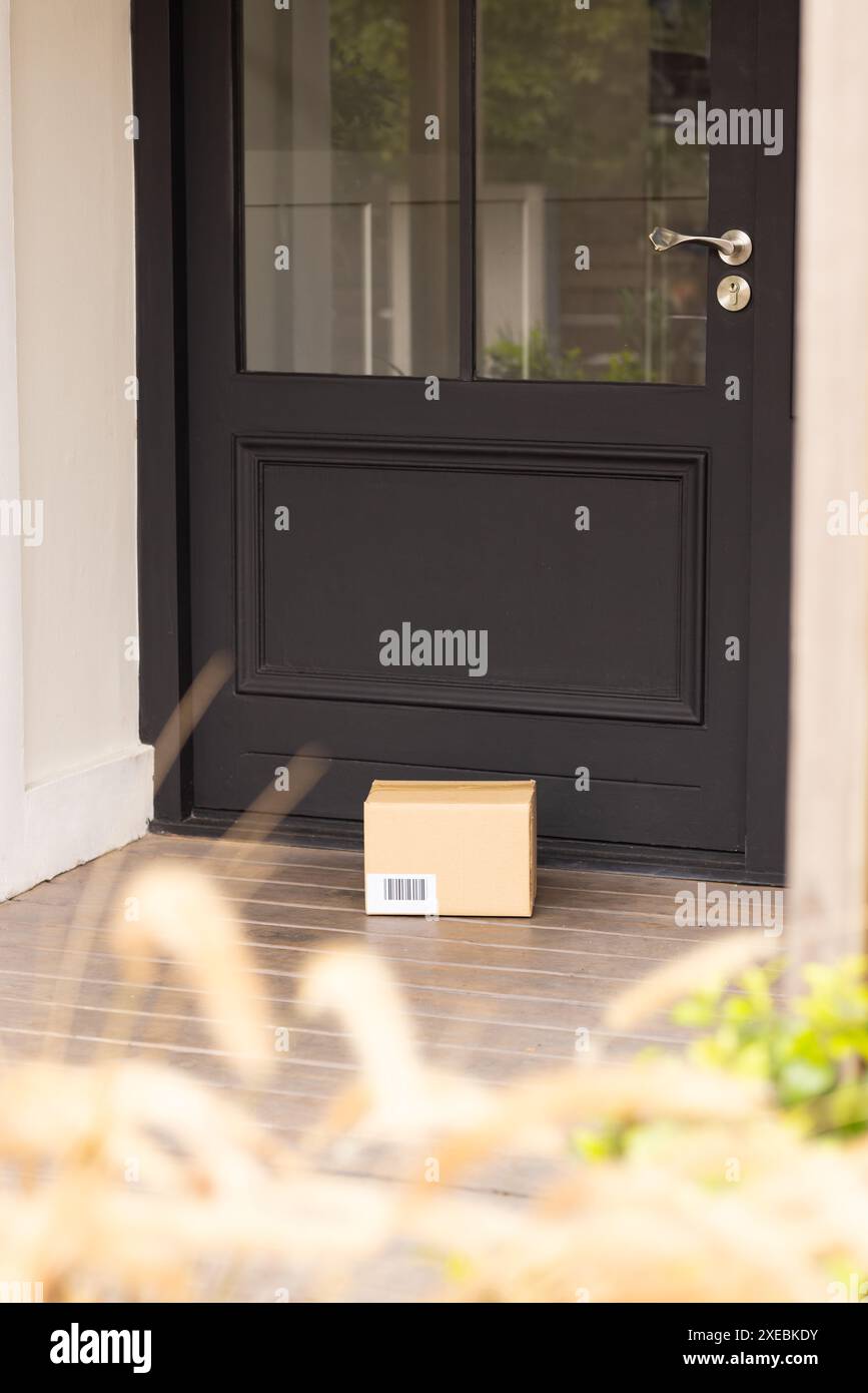 Paket wird geliefert, Karton sitzt auf der Türstufe vor der schwarzen Vordertür Stockfoto