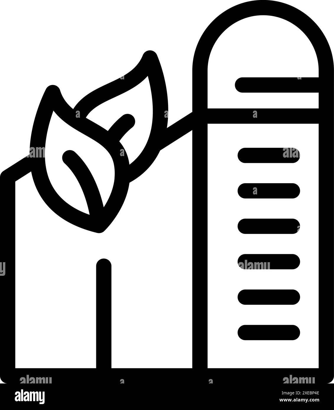 Strichkunstsymbol eines Bauernhauses mit Blättern, das nachhaltige und ökologische Landwirtschaft repräsentiert Stock Vektor