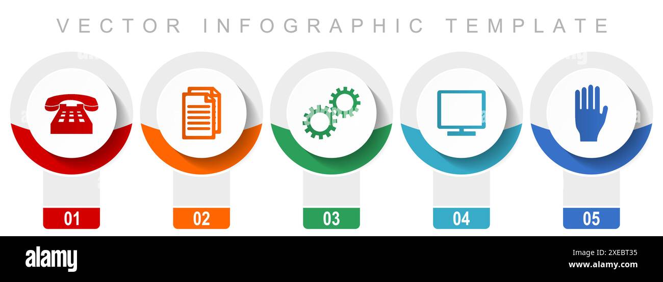 Technologiesymbole, verschiedene Vektorsymbole wie Telefon, Dokument, Getriebe, tv und Hand, Infografik-Vorlage mit modernem Design, Web-Schaltflächen in 5 Colo Stock Vektor