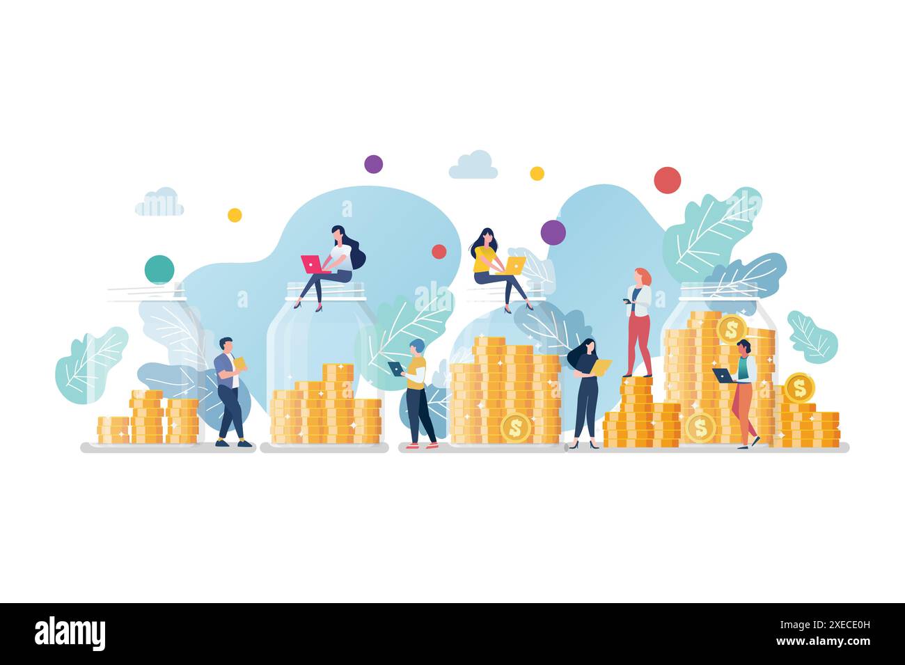 Geschäftsleute mit Geld in Glasgläsern. Geschäftskonzept. Vektorabbildung Stock Vektor