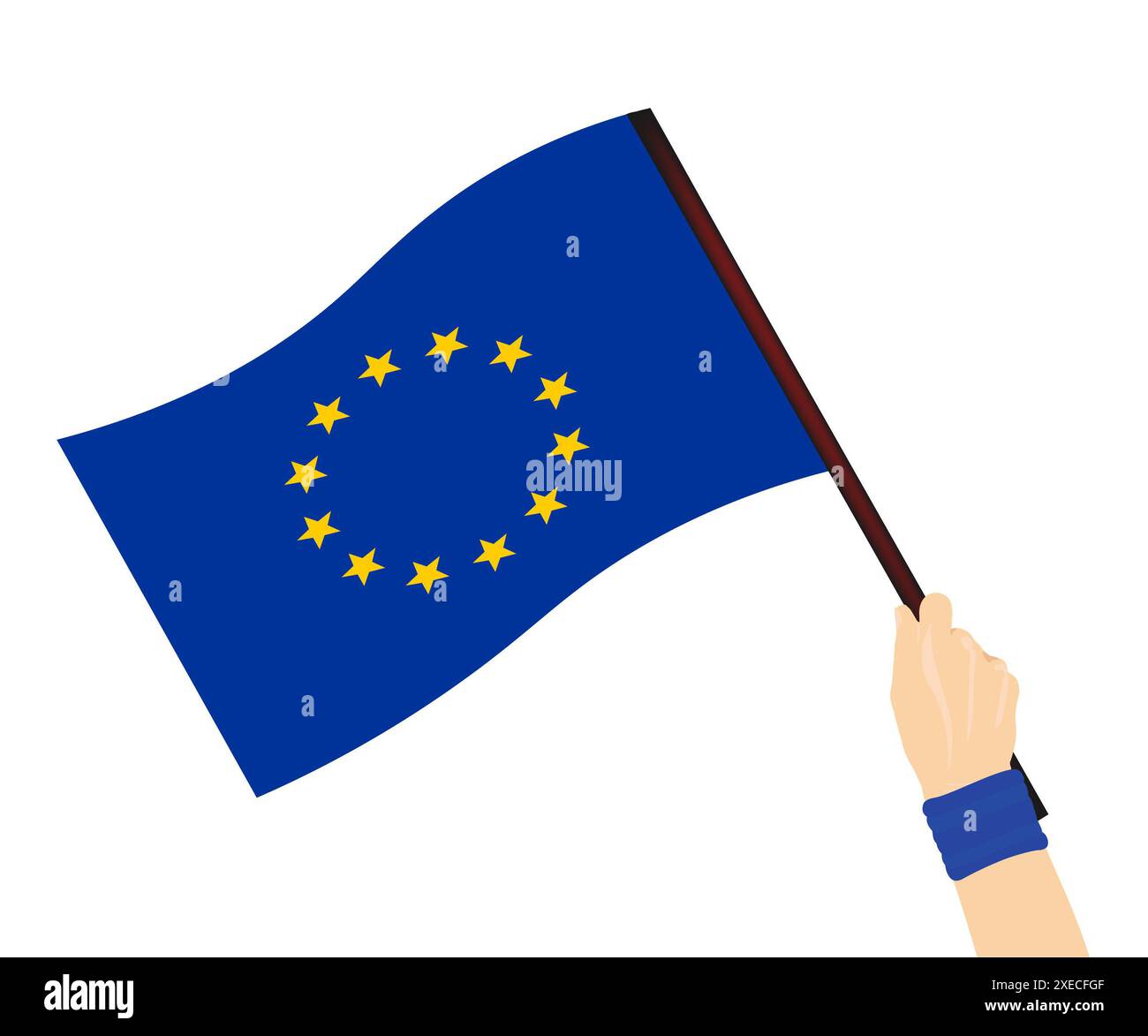 Handschwenkende EU-Flagge, EU-Flagge auf weißem isoliertem Hintergrund Stockfoto