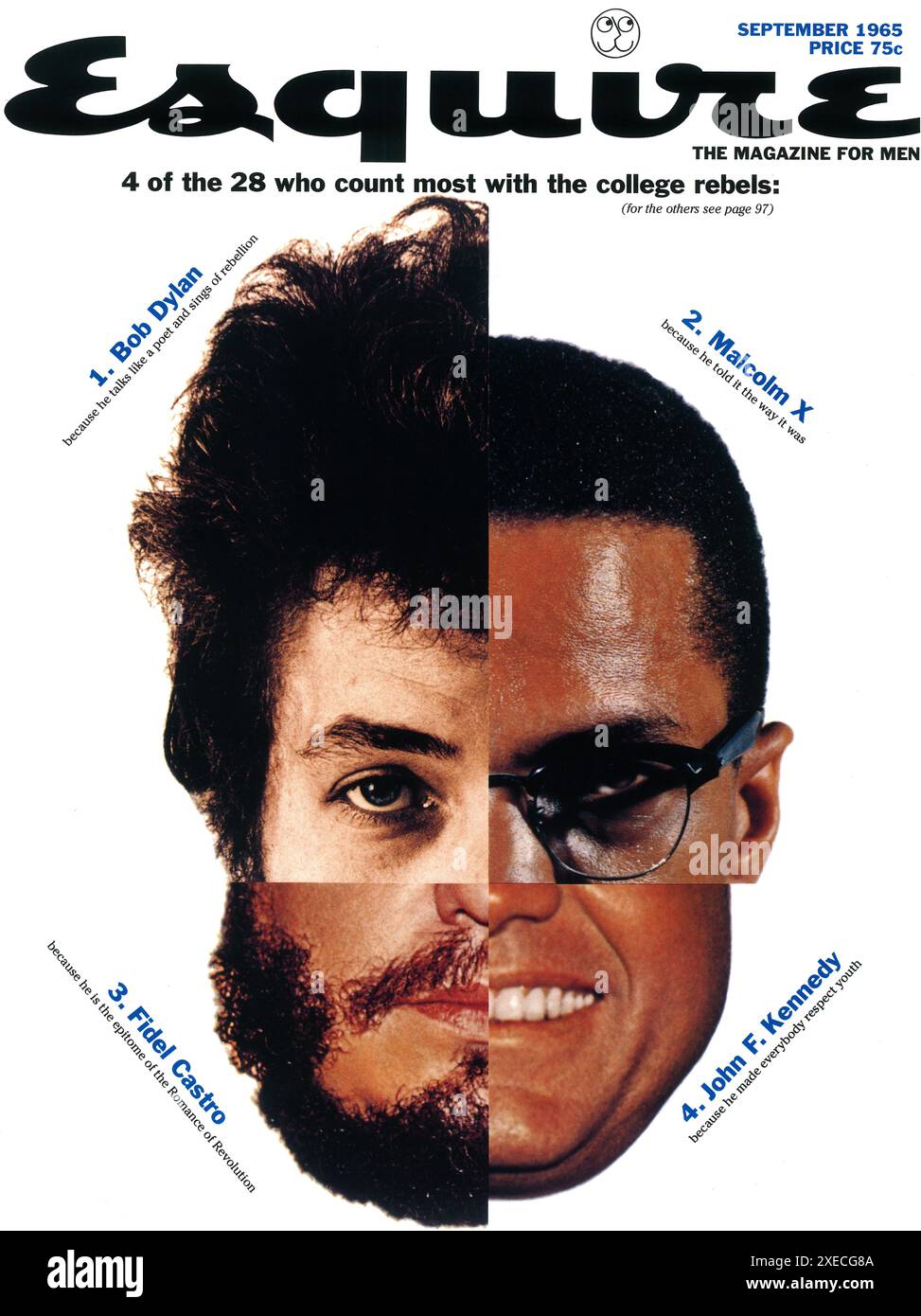 September 1965 Cover des Esquire Magazins - Rebellen: Bob Dylan, Malcolm X, John F Kennedy, Fidel Castro. George Lois Design Stockfoto