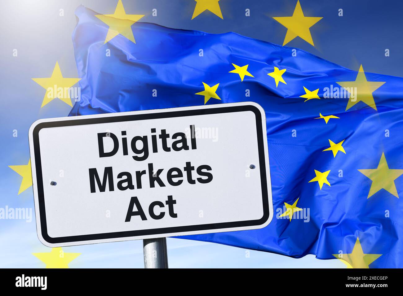 Digitale Märkte handeln vor der EU-Flagge Stockfoto