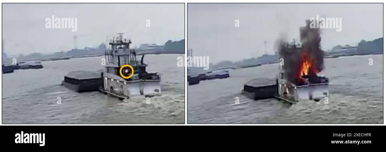 WASHINGTON (1. Juni 2022) – NTSB veröffentlichte den Wednesday Marine Investigation Report 22/17, der die Untersuchung des Maschinenraumbrandes am 18. Mai 2021 auf dem Schleppschiff Mary Lynn auf dem Upper Mississippi River in der Nähe von St. Louis (Missouri) ausführlich beschreibt. Die Mary Lynn wurde dargestellt, als die erste offene Flamme am seitlichen Auspuffrohr des zweiten Deck-Anschlusses (links) und fünf Sekunden später (rechts) sichtbar war. Marine Investigation Report 22/17 ist abrufbar unter go.usa.gov/xJbuu (Quelle: American River Transportation Company). Stockfoto