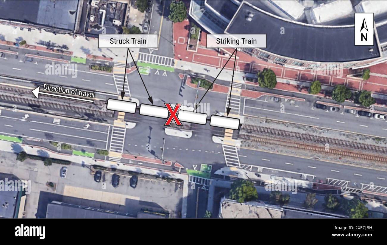 WASHINGTON (21. September 2021) — Foto-Illustration des Zusammenstoßes eines Stadtbahnzuges der Massachusetts Bay Transportation Authority am 30. Juli 2021 in die Heck eines anderen MBTA-Zuges in der Nähe von Brookline, Massachusetts. Beide Züge fuhren nach Westen. Jeder Zug bestand aus zwei gekuppelten Wagen. Die Kollision ereignete sich auf der B-Zweig der MBTA Green Line, die auf einem von Bordsteinkanten getrennten Führungsweg in der Mitte der Commonwealth Avenue verläuft. (Google Earth-Bild, grafisches Overlay von NTSB) Stockfoto