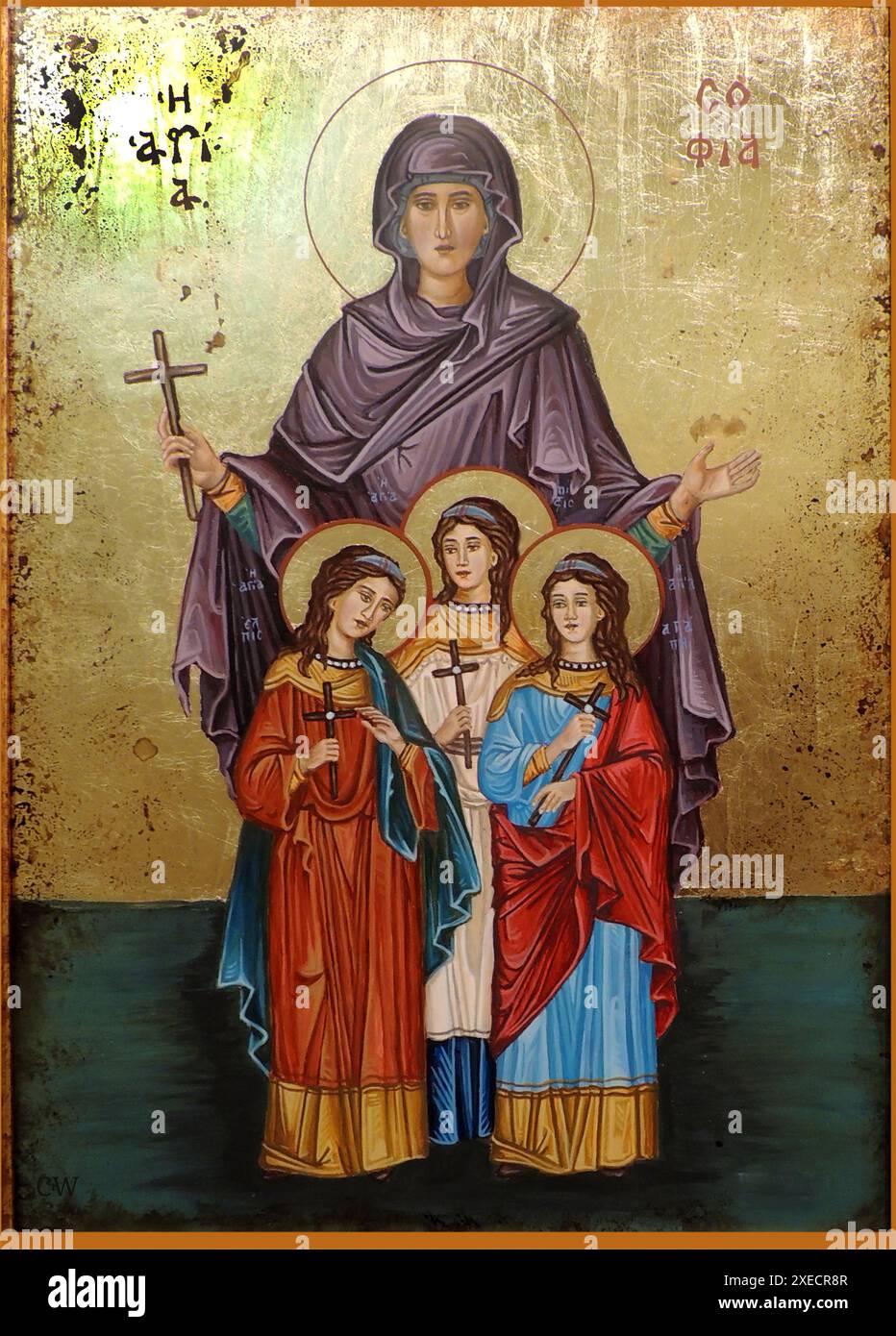Eine alte griechische Ikone - die heilige Sophia mit ihren drei Töchtern, drei Töchtern, glaube, Hoffnung und Liebe. - Μια παλιά Ελληνική εικόνα - η Αγία Σοφία με τις τρεις κόρες της τρεις κόρες, την Πίστη, την Ελπίδα και την Αγάπη. - Stockfoto Eine alte griechische Ikone - die heilige Sophia mit ihren drei Töchtern, drei Töchtern, glaube, Hoffnung und Liebe. - Μια παλιά Ελληνική εικόνα - η Αγία Σοφία με τις τρεις κόρες της τρεις κόρες, την Πίστη, την Ελπίδα και την Αγάπη. - Stockfoto