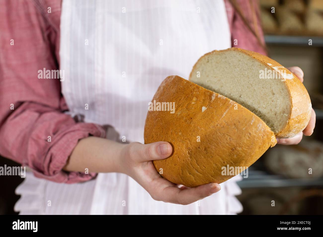 Ein Mädchen zeigt ein rundes Brot, das in zwei Hälften geschnitten ist. Zwei gleiche Teile Weizenbrot, geschnitten mit einem scharfen Messer. Stockfoto