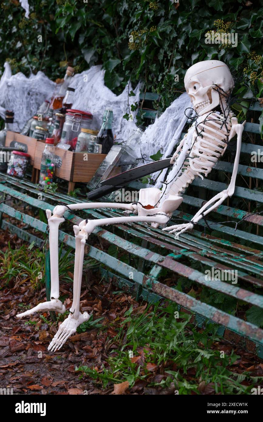 Ein Plastik-Skelett-Modell, das auf einer alten Bank sitzt, mit schrecklichen Gruselgeschenken, bereit für Haloween. Stockfoto