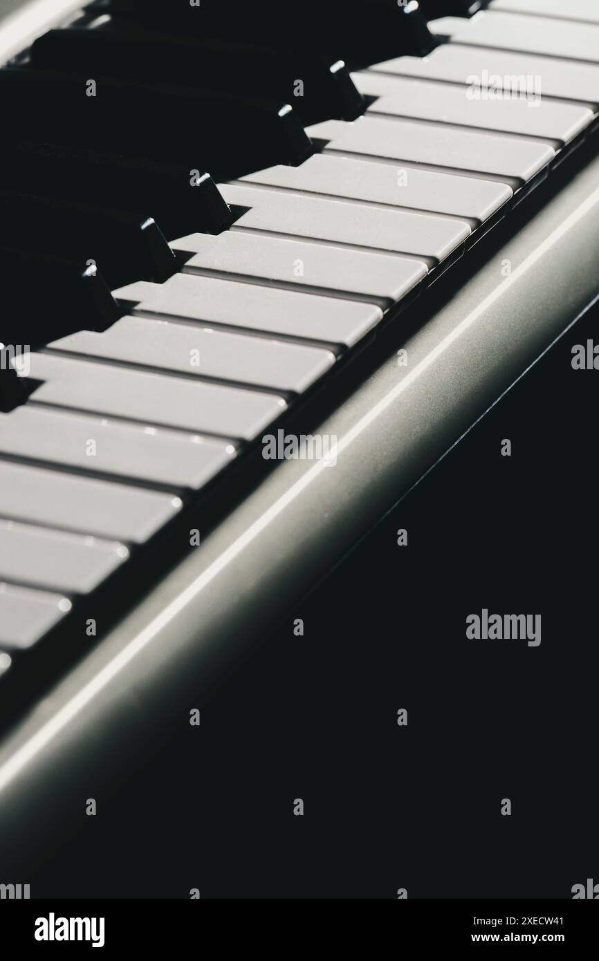 Nahaufnahme einer Reihe von Klaviertasten auf einer elektronischen Tastatur. Stockfoto