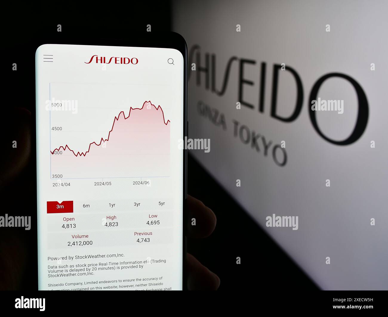 Person, die ein Handy hält, mit Webseite des japanischen Kosmetikunternehmens Shiseido Co. Ltd. Vor dem Logo. Konzentrieren Sie sich auf die Mitte des Telefondisplays. Stockfoto
