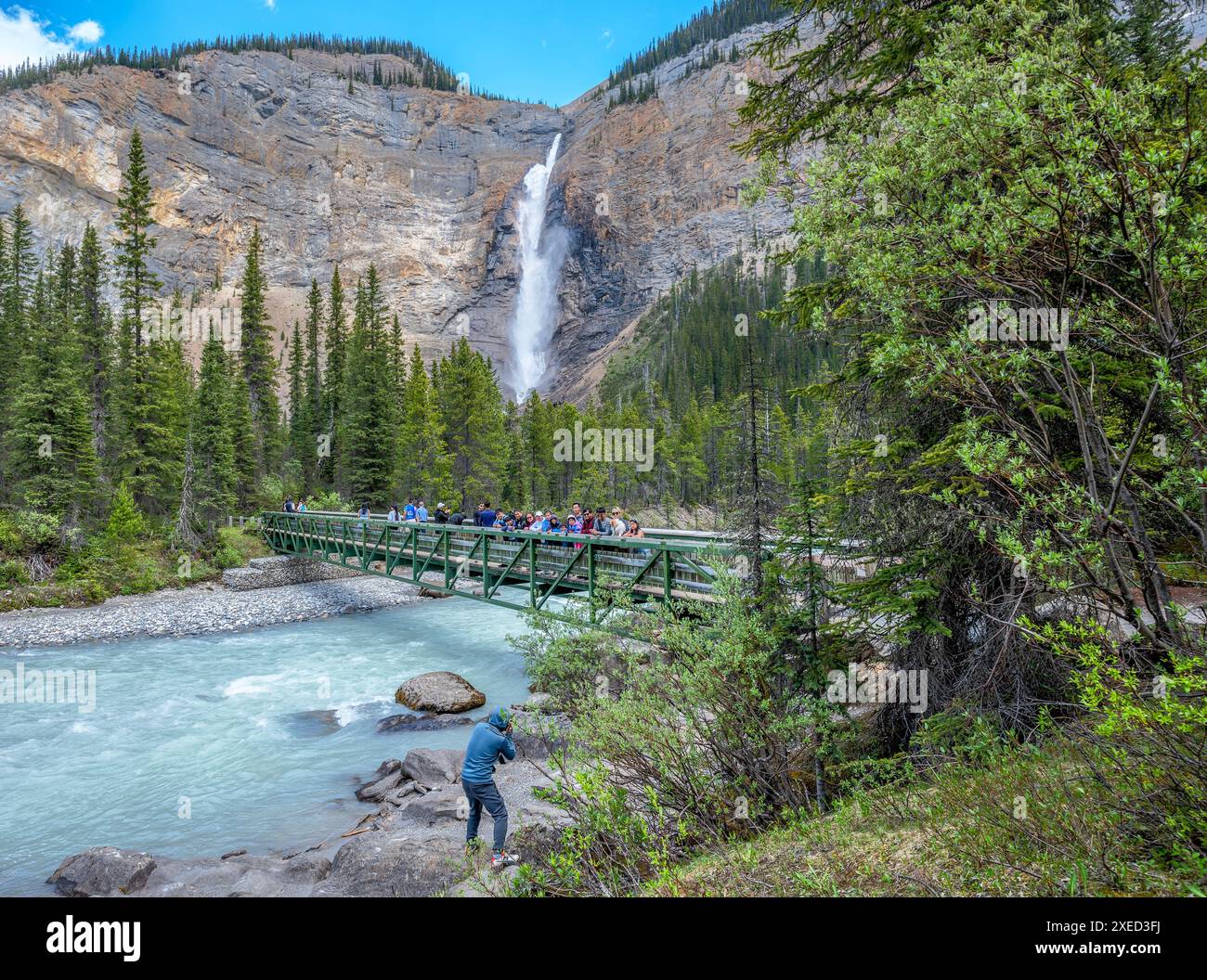 Yoho National Park, British Columbia, Kanada – 23. Juni 2024: Ein Mann fotografiert Touristen auf einer Fußgängerbrücke über den Yoho River an den Takakkaw Falls Stockfoto