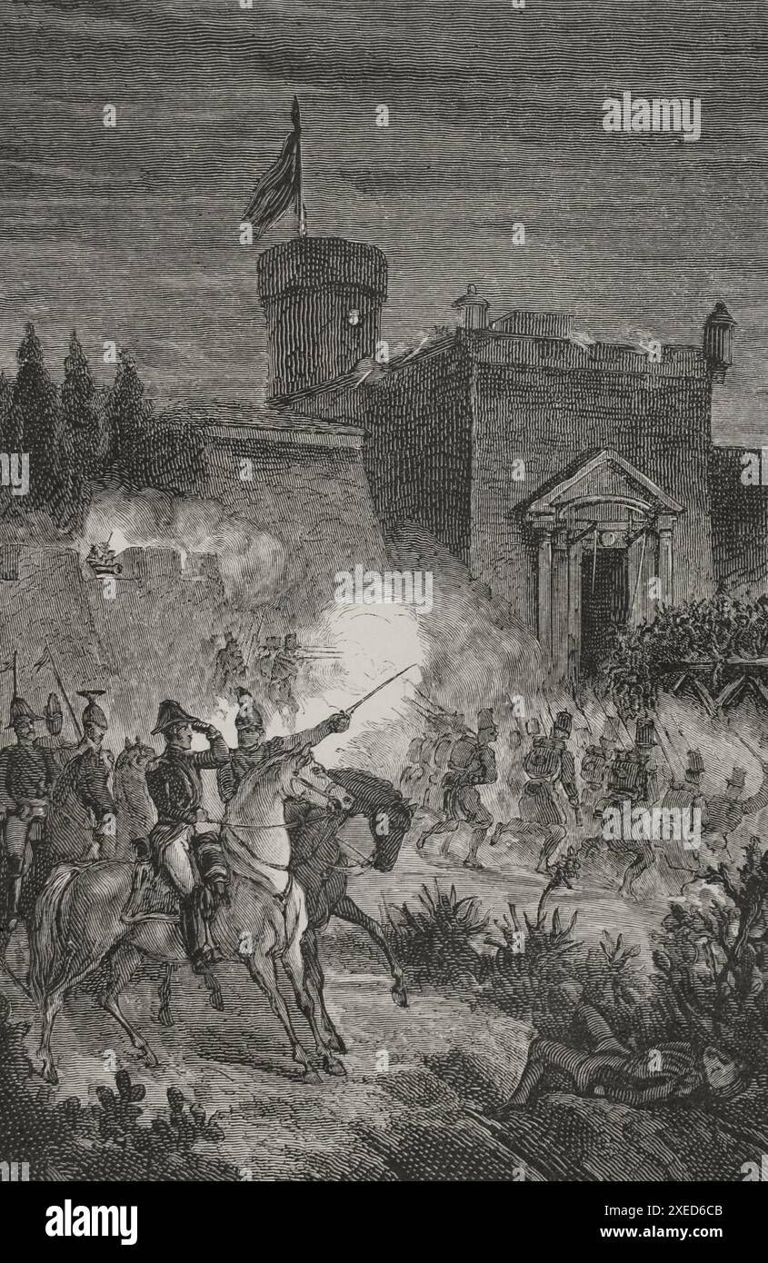 Geschichte Spaniens. Erster Karlistenkrieg (1833–1840). Take of Morella (18. Bis 30. Mai 1840). General Espartero während des letzten Sturms der Stadt, um alle karlistischen Soldaten unter General Ramón Cabrera gefangen zu nehmen. Untergang der Brücke in der Nacht vom 29. Mai 1840. Kupferstich von Gómez. "Espartero: su vida militar, política, descriptiva y anecdótica" (Espartero: Sein militärisches, politisches, deskriptives und anekdotisches Leben). Band I, 1879. Stockfoto