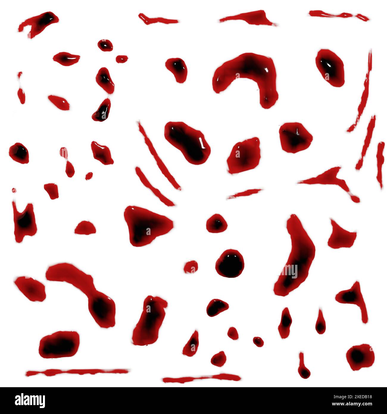 3D-Rendering von Designelementen für Blutflecken, Spritzer oder Spritzer für Tatort- oder Gewaltkonzept Stockfoto