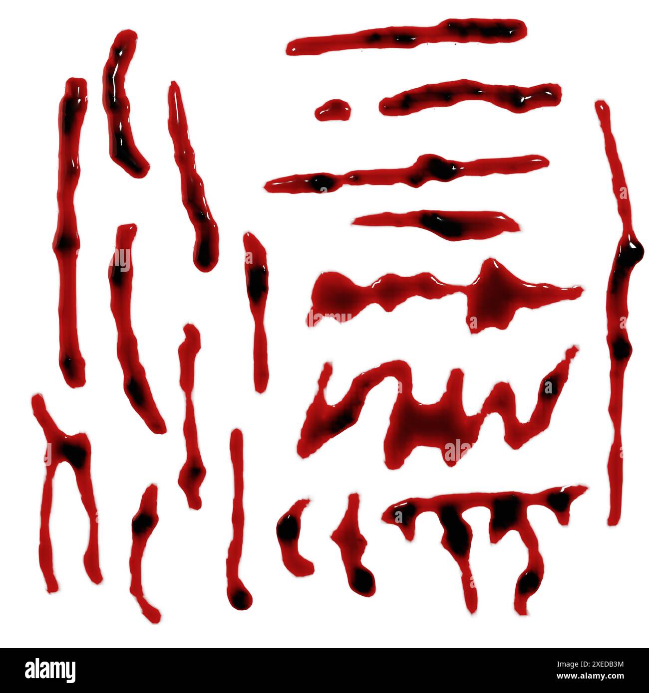 3D-Rendering von Designelementen für Blutflecken, Spritzer oder Spritzer für Tatort- oder Gewaltkonzept Stockfoto