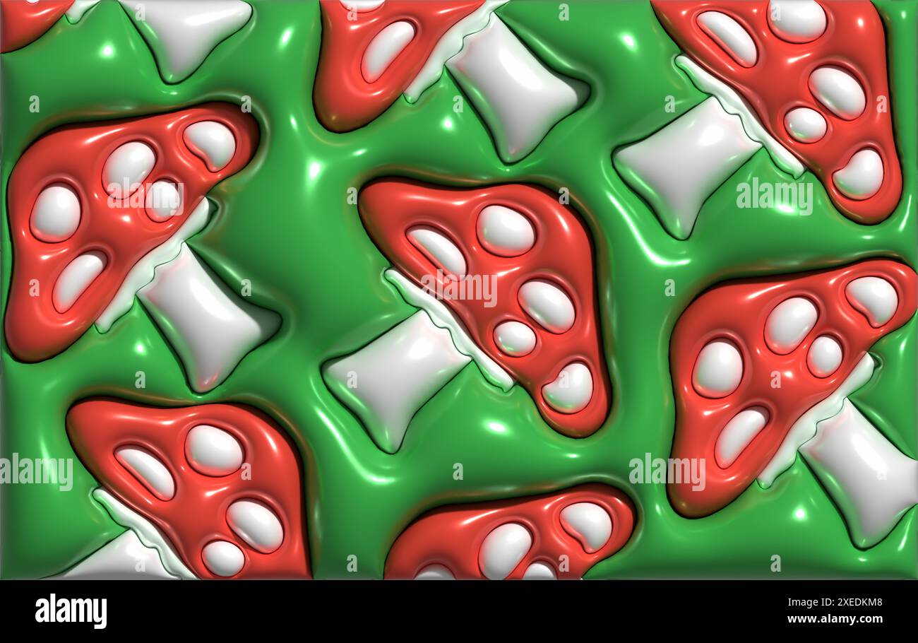Rote Fliegenpilze auf grünem Hintergrund, 3D-Rendering-Illustration Stockfoto