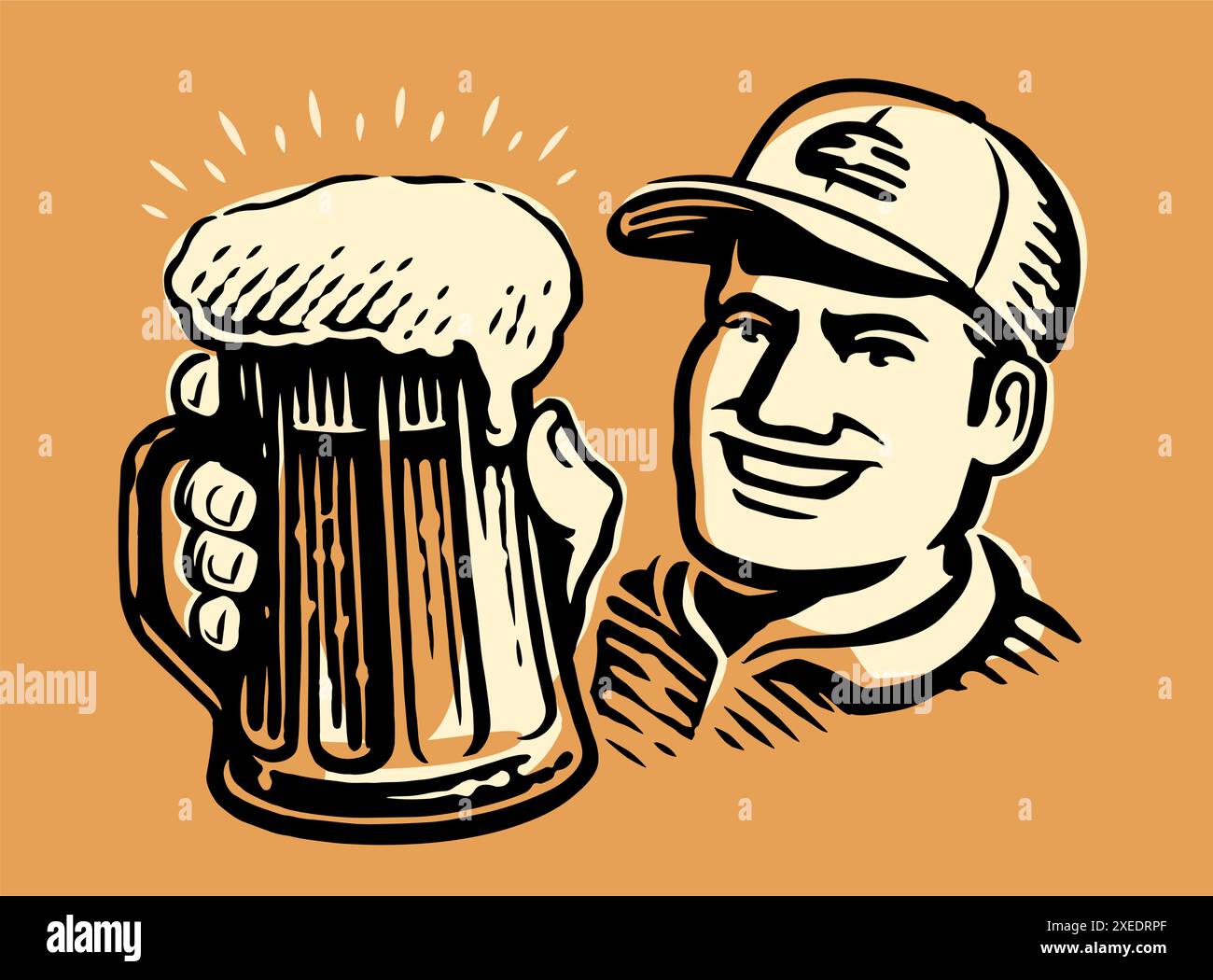 Retro-Werbebanner mit einem Mann, der einen Becher voller Biergetränk hält. Designelement für Pub- oder Restaurantmenü, Café Stock Vektor