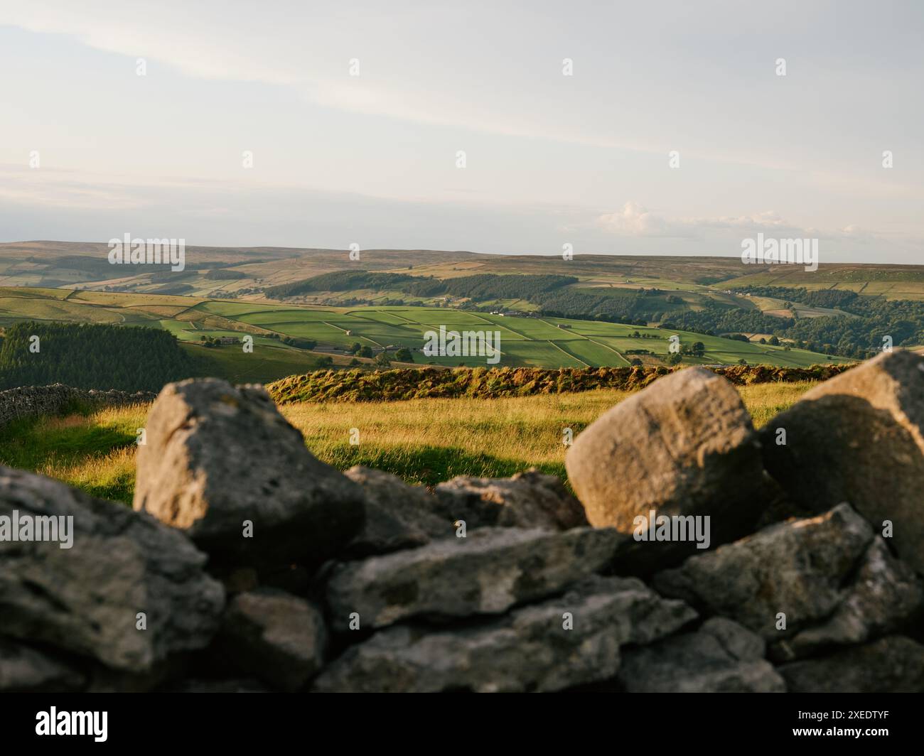 Der abendliche Blick auf die ländliche Landschaft von Greenhow Hill in Nidderdal North Yorkshire England UK - Yorkshire Dales Stockfoto