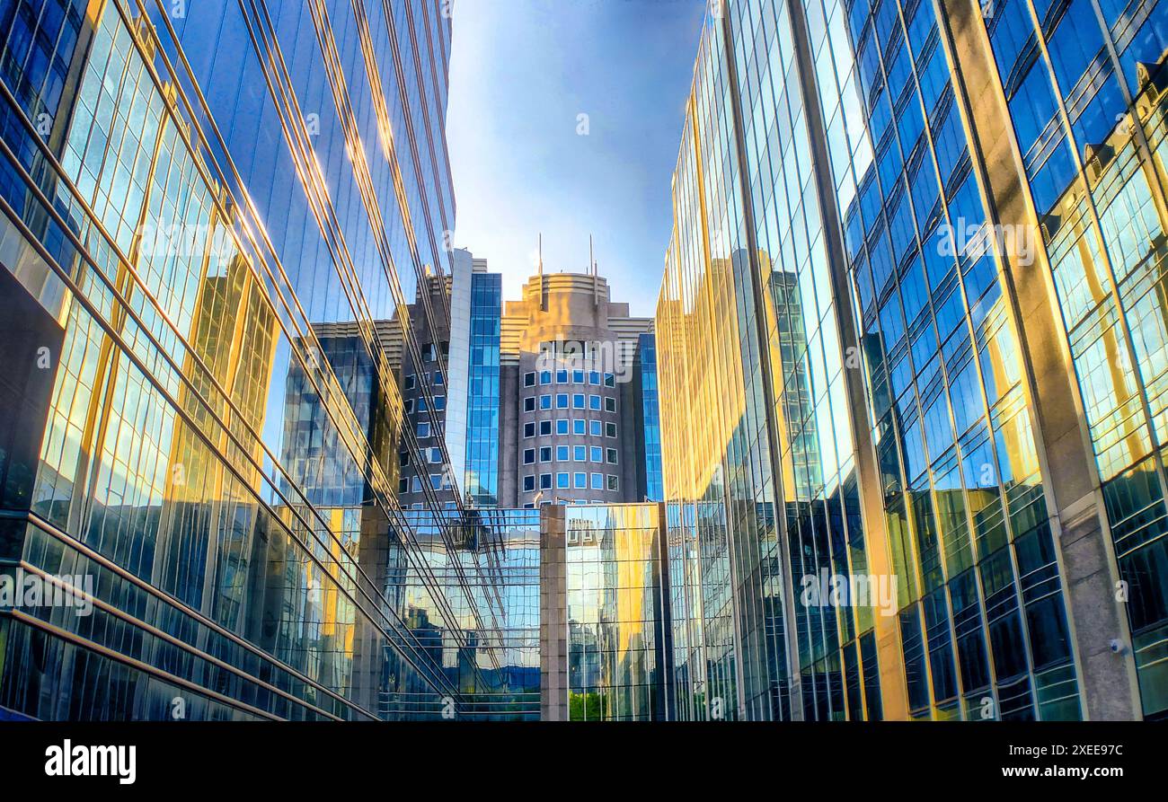 Glass Canyon: Reflexionen und Licht in der urbanen Architektur Stockfoto