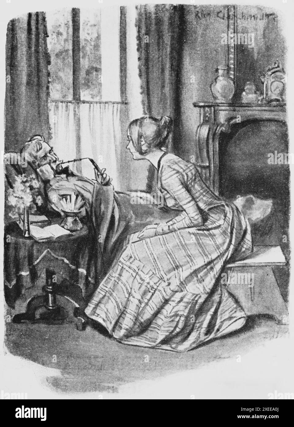Junge Frau, die mit ihrem kranken Vater im Bett spricht, Frauenleben und Geschlechterrolle Ende des 19. Jahrhunderts, historische Illustration 1890 Stockfoto