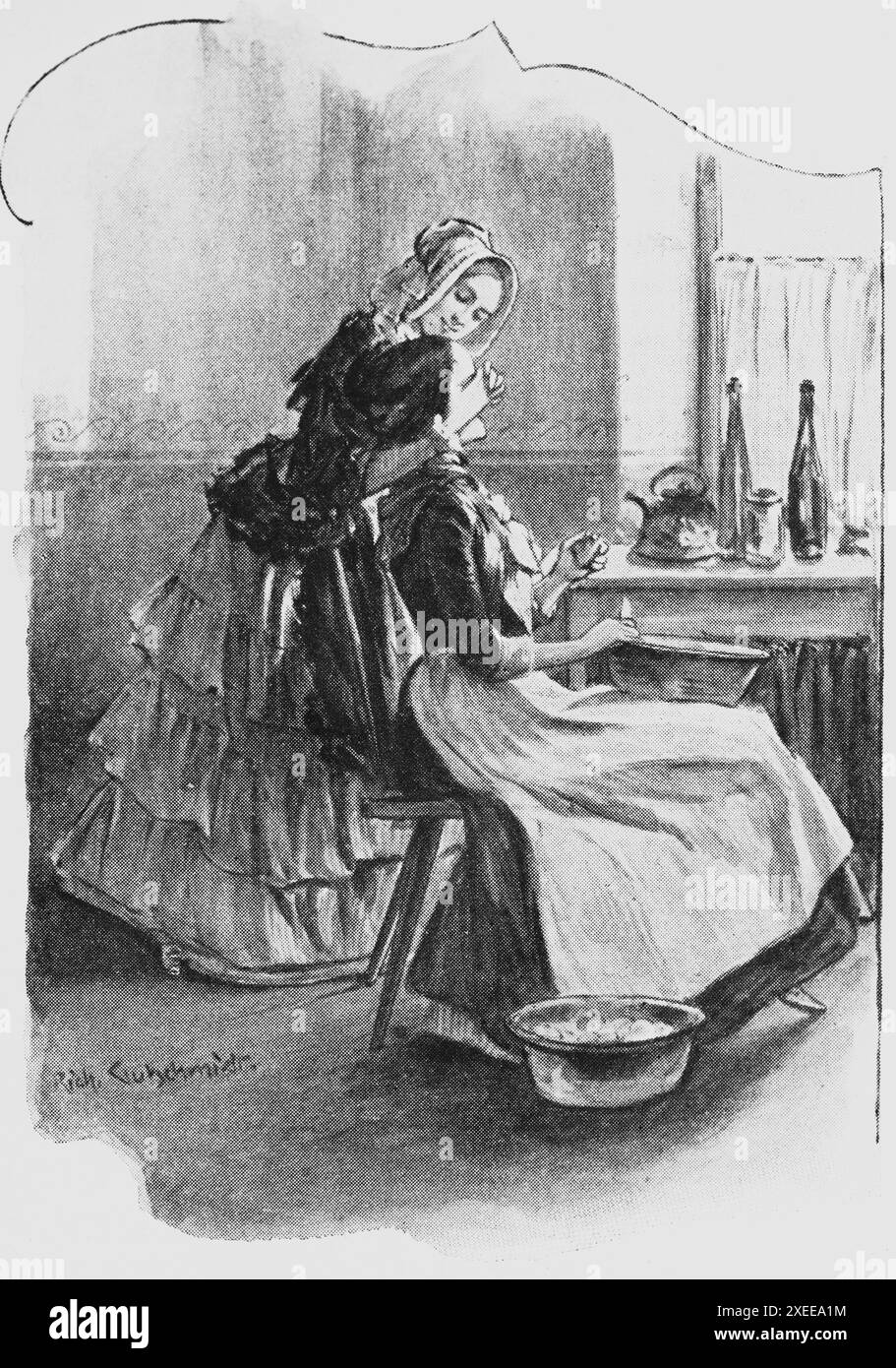 Lasst uns spielen, eine junge Frau mit den Augen muss ihren Traum und ihre Gedanken erzählen, das Leben der Frauen und die Geschlechterrolle Ende des 19. Jahrhunderts, historische Illustration 1890 Stockfoto