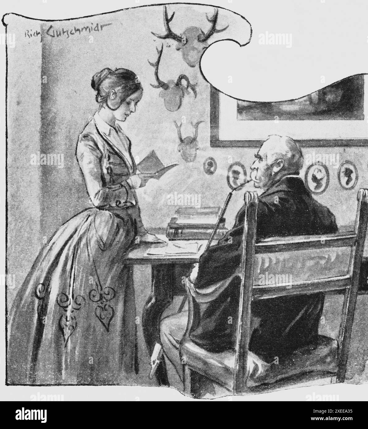 Junge Frau, die eine Einladungskarte für ihren alten Vater liest, Frauenleben und Geschlechterrolle Ende des 19. Jahrhunderts, historische Illustration 1890 Stockfoto